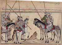 Bataille de Badr, Il-Khanid : Représentation de cavaliers arabes (Tabriz Khalili Collection, MSS. 727, folio 66a du 14ème siècle)