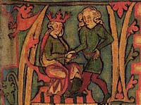 Le roi Harald Ier de Norvège (à droite) reçoit la Norvège des mains de son père Halfdan le Noir (extrait du manuscrit islandais du 14ème siècle Flateyjarbók/ domaine public 