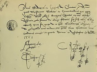 Signature de Loys Bourgeois sur un acte de 1551. Genève AEG.