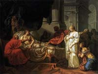Érasistrate découvrant la cause de la maladie d'Antiochus, par David (1774)(École nationale supérieure des beaux-arts de Paris) . Source : wiki/ Érasistrate/ domaine public