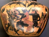 Héraclès, Déjanire et Nessos, hydrie à figures noires, 575-550 av. jc, musée du Louvre 