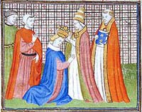 Nicolas V antipape couronnant l'empereur Louis IV. Miniature, vers 1410. source : wiki/Nicolas V (antipape)/ domaine public