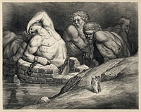 Les Titans enchaînés dans le Tartare. (Illustration du livre la Divine Comédie de Dante — Les Enfers, par Gustave Doré (1857)).