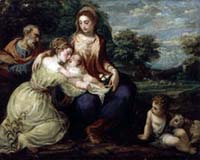 Sainte Famille et sainte Catherine (1552), par Andrea Schiavone Peintre et graveur italien (Musée d'Histoire de l'art de Vienne)