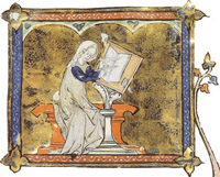 Enluminure représentant Marie de France écrivant son ysopet et réalisée par « Le Maître de Papeleu » vers 1290 (Bibliothèque nationale de France)