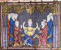 Charles Martel divise le royaume entre ses fils Pépin et Carloman (Grandes Chroniques de France, 14ème siècle, Paris, BnF. Source : wiki/ Carloman (fils de Charles Martel) /domaine public