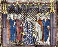 Adalbéron couronnant le roi Hugues Capet (Grandes Chroniques de France, 14ème siècle, Paris, Bibliothèque nationale de France, détail d'une enluminure). Source : wiki/Adalbéron de Reims/ Domaine public