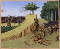La mort de Roland au col de Roncevaux. Enluminure de Jean Fouquet, Grandes Chroniques de France, Paris, BnF, Département des Manuscrits, 15ème siècle