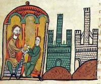 La scène représente le moment où le comte de Besalú, Bernard Tallaferro, fait don des châteaux de Tautavel et de Pena à son fils et futur successeur Guillaume Ier. Le comte, assis, tient la main de son fils, qui est agenouillé, avec les deux châteaux en arrière-plan.