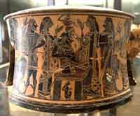 Exaleiptron attique à figures noires montrant la naissance d'Athéna de la tête de Zeus (vers 570–560 avant notre ère) (Musée du Louvre. Source : wiki/Athéna/ domaine public