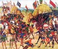 La bataille de Crécy. Miniature de Loyset Liédet tirée des Chroniques de Jean Froissart, BNF, Fr.2643.