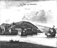 Le comptoir de la Compagnie néerlandaise des Indes orientales à Hirado, dont on dit qu'il était bien plus grand que celui des Anglais. Gravure du 17ème siècle.