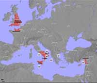 Les actions de l'amiral Margaritus de Brindisi (notés par la lettre "M"). Source : wiki/ Margaritus de Brindisi/ licence : CC BY-SA 3.0