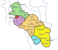 Les duchés silésiens pendant les années 1249 à 1273 : Wrocław (en orange), Opole et Ratibor (jaune), Liegnitz (violet), Glogau (vert) et Opava (bleu). Source : wiki/Duché de Silésie/ licence : CC BY-SA 2.5