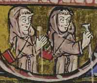 Guillaume de Rubrouck et son compagnon. Détail d'une lettrine historiée du 14ème siècle. Source : wiki/ Guillaume de Rubrouck/ domaine public