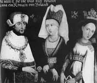 Louis II avec ses deux épouses Marie de Brabant (au milieu) et Anne de Glogau (à droite). Source : wiki/ Louis II de Bavière (1229-1294)/ domaine public