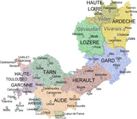 Carte de l'ancienne province de Languedoc. Le Vivarais correspond à l'actuel département de l'Ardèche.