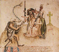 Couronnement d'Alexandre III d'Écosse le 13 juillet 1249. Sa mère Marie de Coucy est peut-être derrière lui. (Manuscrit tardif médiéval du Scottichronicon de Walter Bower.)