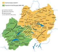 Carte du duché de Souabe (en jaune) et du royaume de Haute-Bourgogne (en vert) vers 1000.