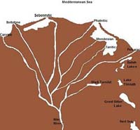 Les différentes branches du Nil (dessin basé sur l'image trouvée dans The Exodus Enigma (1985) par Ian Wilson, page 46, Londres : Wiedenfeld & Nicolson. 