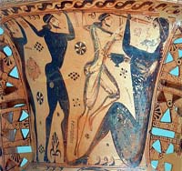 Ulysse et ses compagnons aveuglant Polyphème, amphore proto-attique, vers 650 av. jc, musée d'Éleusis.