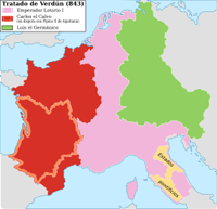 L'Empire carolingien à la suite du partage de 843 dont Pépin II est exclu. Le royaume d'Aquitaine est alors disputé à Charles le Chauve.