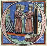 Jeanne et son frère Richard Cœur de Lion rencontrent Philippe Auguste, enluminure vers 1230, Biographical Historia Anglorum. (source : wiki/ domaine public)