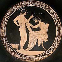 Linos (à droite) et son élève Musée, médaillon d'un kylix du Peintre d'Érétrie, musée du Louvre