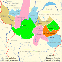 La Maurienne (en orange) au sein des pagi carolingiens en Bourgogne cisjurane ou viennoise (ixe siècle). (source wiki/Comté de Maurienne/ Liste des premiers comtes)