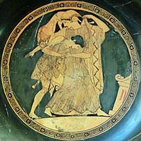 Enlèvement de Thétis par Pelée. Intérieur d'un kylix attique à figures rouges, vers 490 av. jc. Provenance : Vulci, Étrurie. (Bibliothèque Nationale de France)