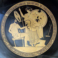 Héphaïstos remet à Thétis les armes d'Achille, médaillon d'un kylix du Peintre de la Fonderie, 490-480 av. jc (Altes Museum de Berlin.)