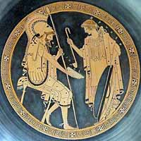 Zeuxo verse du vin à Chrysippe. Intérieur d'un kylix attique à figures rouges, vers 490-480 av. jc. De Capoue.