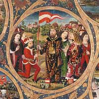 Léopold V reçoit le drapeau de l'Autriche par l'empereur Henri VI, une partie de l'arbre généalogique des Babenberg (abbaye de Klosterneuburg), vers 1492. (source wiki/ domaine public)