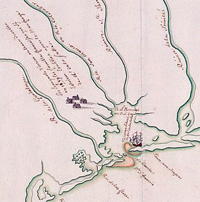 Détail d'un plan français édité entre 1690 et 1715 présentant le naufrage d'un navire de Cavelier de La Salle (sans doute La Belle) et le village où furent recueillis les derniers survivants par les Espagnols en 1689, dont Jean L'Archevêque.