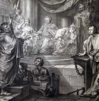 William Hogarth, Paul devant Felix, 1752. Drusilla est assise à la droite de Felix