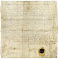Confirmation par Charles le Chauve du partage des biens de l'abbaye de Saint-Denis entre l'abbé et les religieux. Fait à Compiègne le 19 septembre 863. Archives Nationales (France)