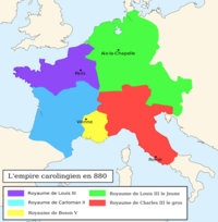 Empire carolingien en 880. Source : wiki/ Engelberge (femme de Guillaume le Pieux)/ licence : CC BY-SA 4.0
