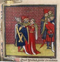Enluminure du 14ème siècle représentant Thibaud IV de Champagne, Hugues X de Lusignan et Pierre de Dreux. Source : wiki/Hugues X de Lusignan/ domaine public