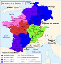 La division de la Gaule en 511. Le royaume de Clodomir est en rouge. Source : wiki/ Clodomir/ domaine public