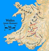 Royaumes gallois post-romains. Rhos est au centre nord, près de la côte. La frontière actuelle entre l'Angleterre et le Pays de Galles est indiquée également.