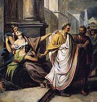 Decimus Brutus incite César à se rendre au Sénat aux Ides de Mars (esquisse d'Abel de Pujol). Source : /wiki/Decimus Junius Brutus Albinus/ domaine public