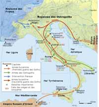 Principales opérations de la guerre des Goths au 6ème siècle. 