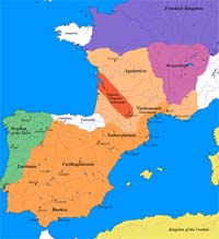 Royaume wisigoth de Toulouse en orange clair et foncé, vers 500. De 585 à 711 Royaume wisigoth de Tolède en orange foncé, vert et blanc (Hispanie)
