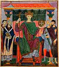 Enluminure de l'abbaye de Reichenau (Évangéliaire d'Otton III, v. 1000, Bayerische Staatsbibliothek, Munich). Source : wiki/ Otton III (empereur du Saint-Empire)/ domaine public