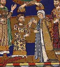 Le couronnement d'Henri et de son épouse Mathilde, un détail de l'Évangéliaire d'Henri le Lion (xiie siècle). 