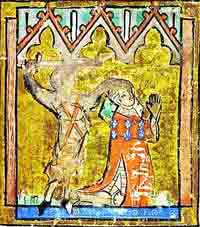 Représentation de Thomas de Lancastre en train de prier, avant son exécution. Miniature, vers 1330. Source : wiki/Thomas de Lancastre (2ème comte de Lancastre)/ domaine public