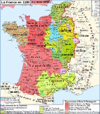 Carte de France en 1180 : le comté de Champagne est en jaune à l'est. Source : wiki/Comté de Champagne/ Author Zigeuner