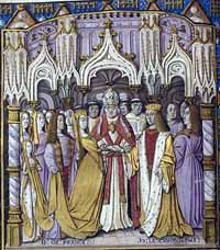 Le mariage de Catherine et d'Henri V. Miniature tirée de la Chronique du religieux de Saint-Denys, contenant le règne de Charles VI de 1380 à 1422 de Jean Chartier, avant 1494.