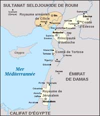 Les États Latins d'Orient en 1102. Le comté de Tortose correspond au futur comté de Tripoli.