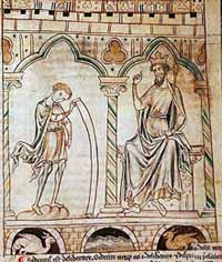 Merlin lit ses prophéties au roi Vortigern. Illustration d'un manuscrit des Prophetiae Merlini de Geoffroy de Monmouth, British Library